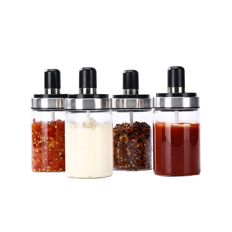 Glass Integrated Seasoning Bottles Jars Spice Spoon Lid Seal Plastic Sauce Oil Kitchen Storage Boxes Organization Accessories|Бутылки