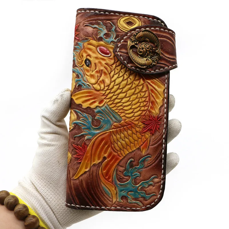 

Handmade Genuine Leather Wallets Carving Fortune Carp Bag Purses Women Men Clutch Vegetable Tanned Leather Wallet Christmas Gift