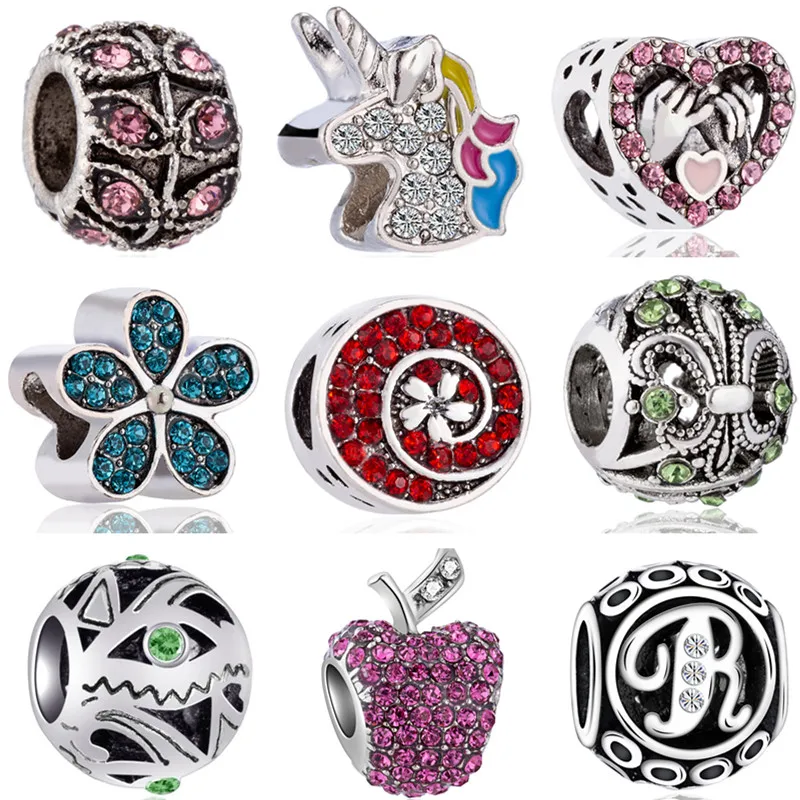 

Simple Style Flowers Unicorn Dress Lock Apple Crystal Beads Charms Fit Pandora Bracelets & Bangles for Women Party DIY Pulsera