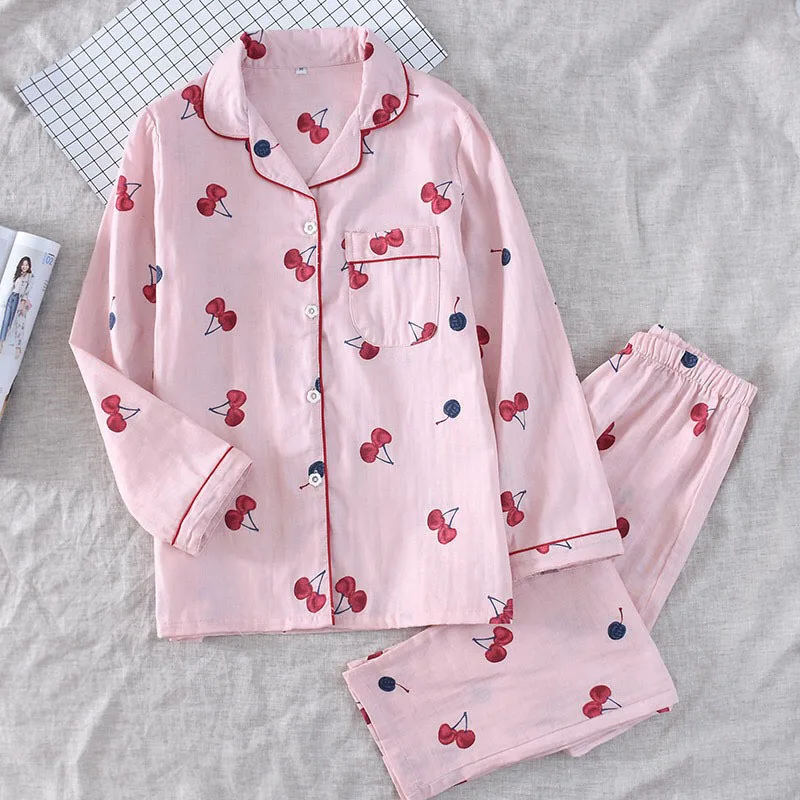 Spring And Autumn New Lady's Pajamas Set Cherry Printed Gauze Cotton Turn-down Collar Long Sleeve Trousers Household Wear - Цвет: Cherry Pink