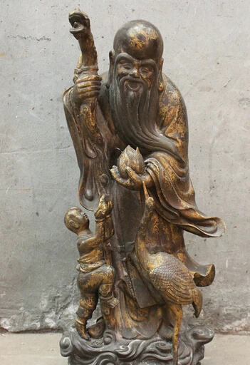 

JP S0524 23" China Chinese Bronze Gilt God of longevity Shou Star With Kid Crane Statue J