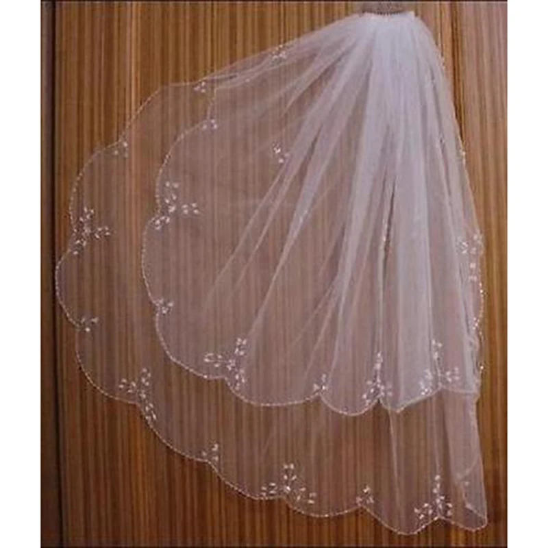 

2 layer White Ivory Beaded Edge sequins Short Bridal Wedding Veil with comb New