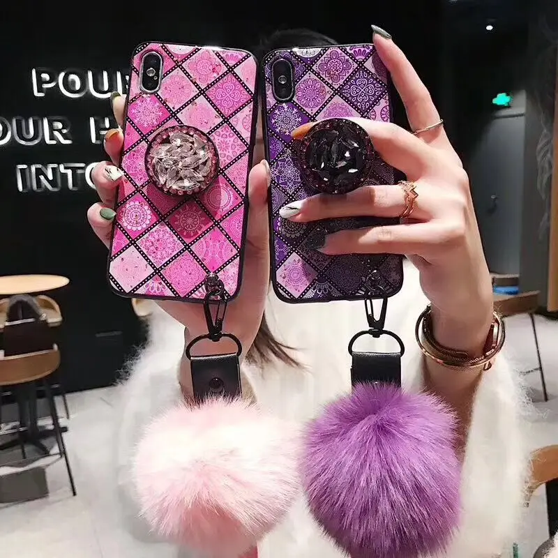

Zxtrby Fashion Epoxy Square Pattern Cell Phone Case with Phone Holder Hairball for iPhone X XS XR XSMax 6s 7 8Plus Phone Shell