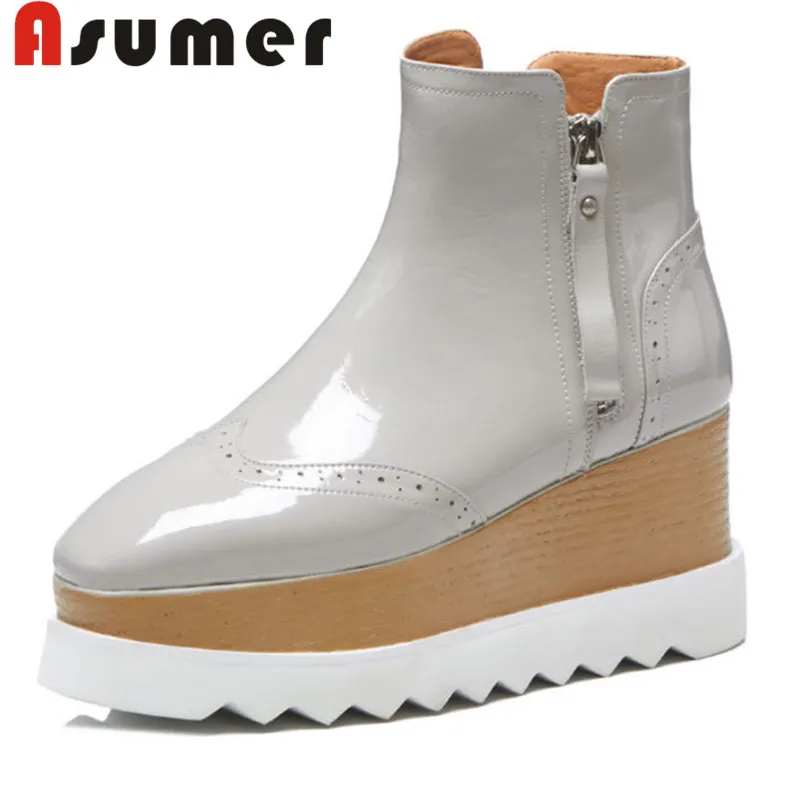 

ASUMER 2020 NEW fashion square toe ankle boots for women simple wedge winter boots sewing shallow daily genuine leather boots
