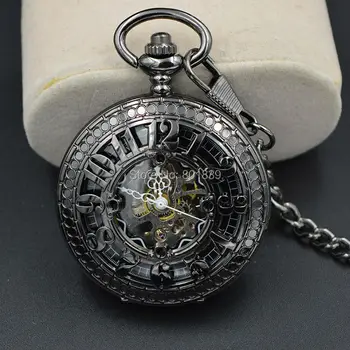 

Black Case Men's Skeleton Engraved Black Dial Hand Wind Mechanical Pocket Watch W/ Chain New Nice Gift Wholesale Price H247