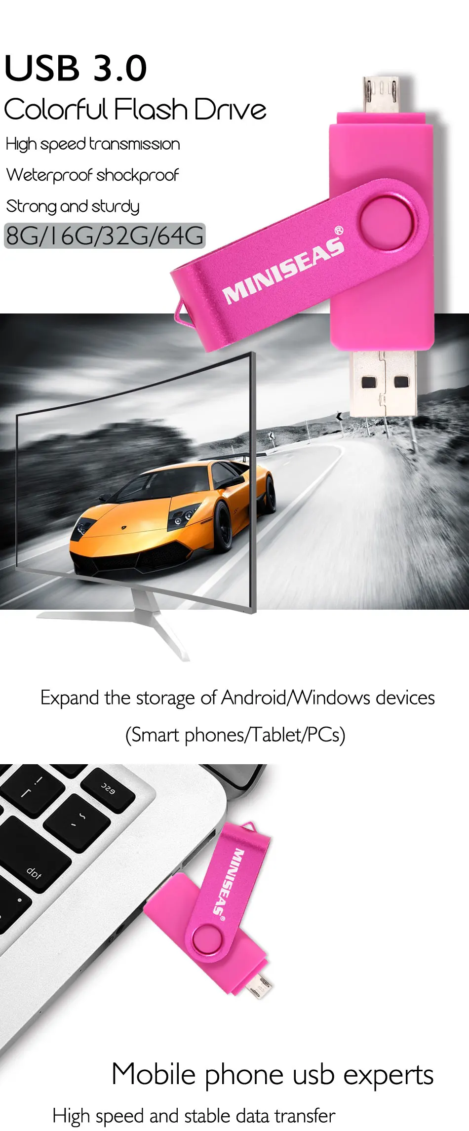 Miniseas Usb 3,0 USB флеш-накопитель OTG для телефона на Android, высокоскоростная память, Usb флешка, 64 ГБ, 32 ГБ, 16 ГБ, металлическая флешка