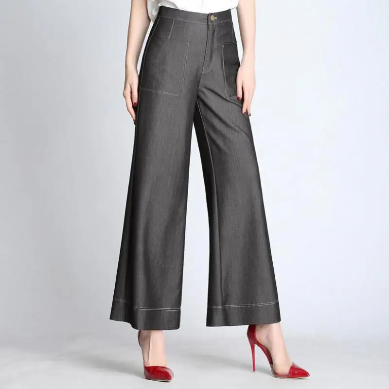 Летние весенние повседневные женские широкие с высокой талией Серые черные свободные джинсы, тонкие джинсы длиной до щиколотки брюки для