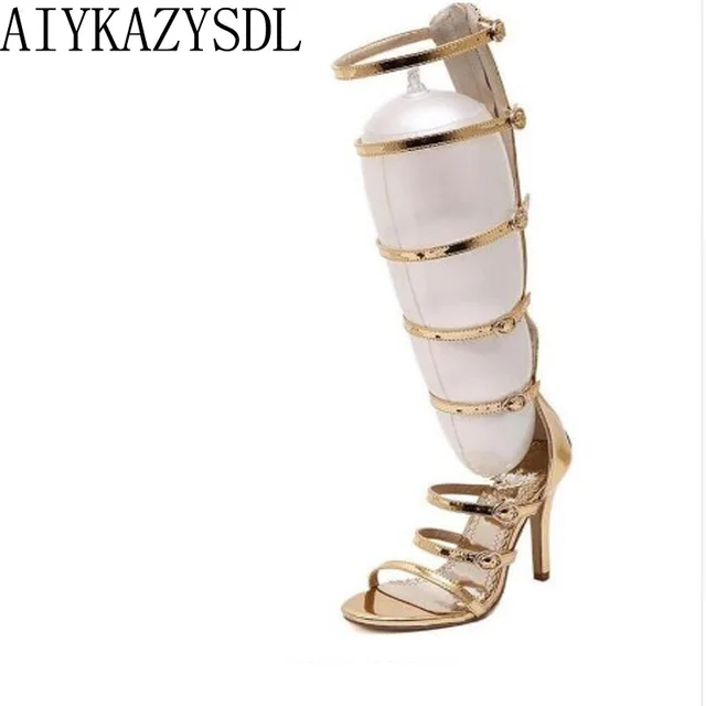 AIYKAZYSDL 2017 Wedding party bridal Women knee high summer boots strappy gladiator roman sandals cage stiletto Heels gold pumps