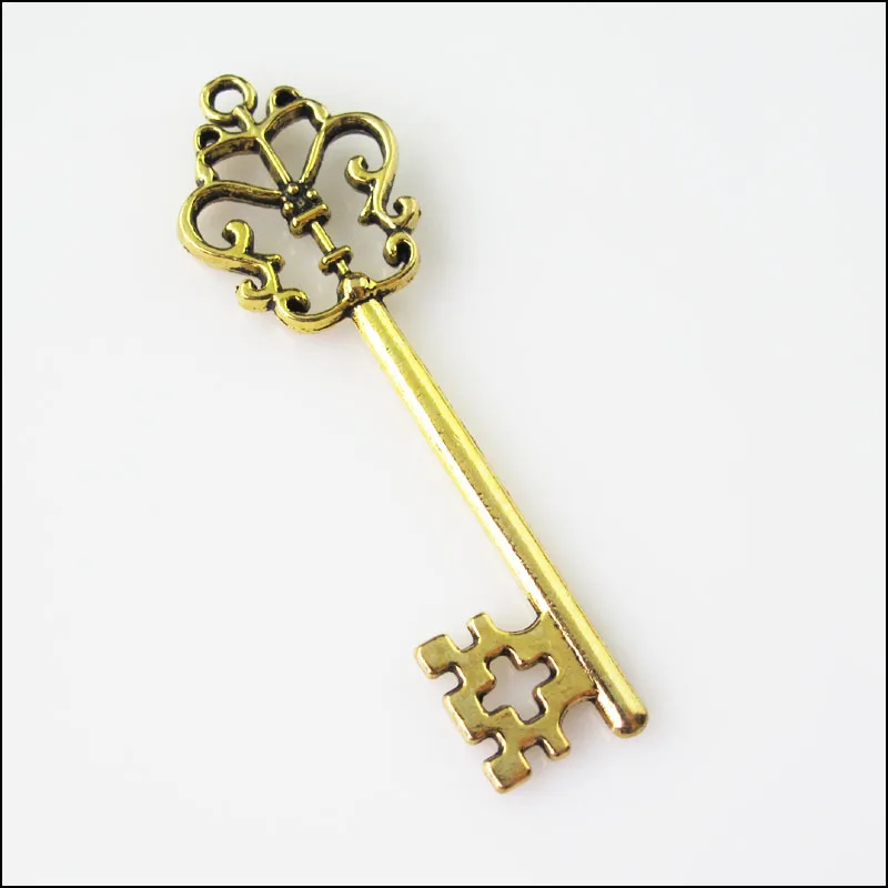 New 3Pcs Antiqued Gold Tone Flower Heart Key Charms Pendants 18x58.5mm