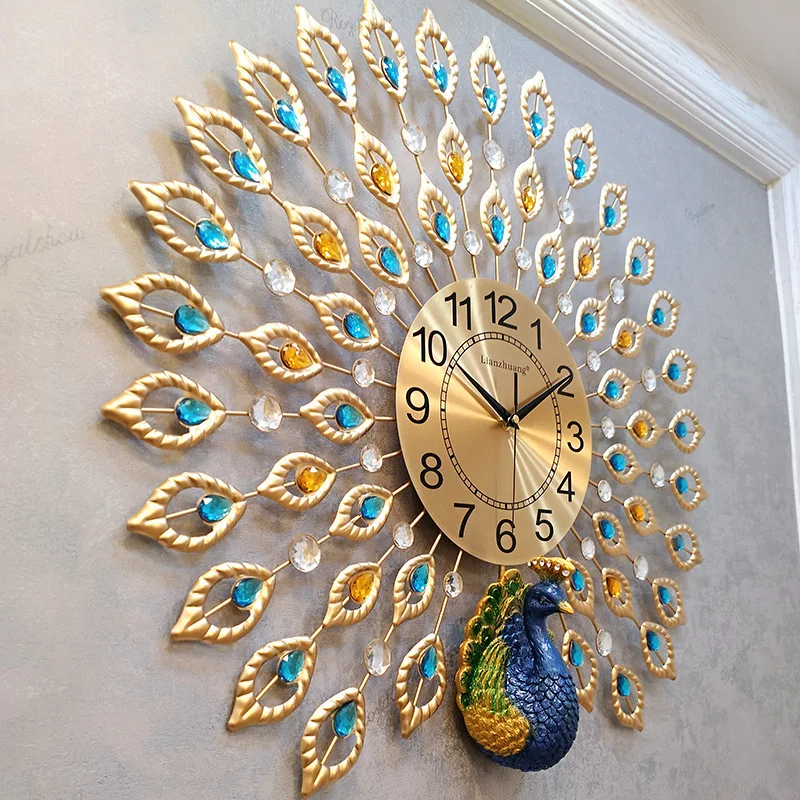 

2018 Real Large Wall Clock Klok Saat Free Shipping Lianzhuang Makeup Peacock Wall Clock Chinese Decoration Silent Simple Art