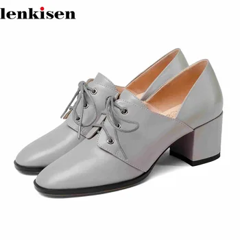 

Lenkisen new genuine leather round toe Spring Autumn gladiator 5.5cm high heels mature women beauty lace up decoration pumps L40