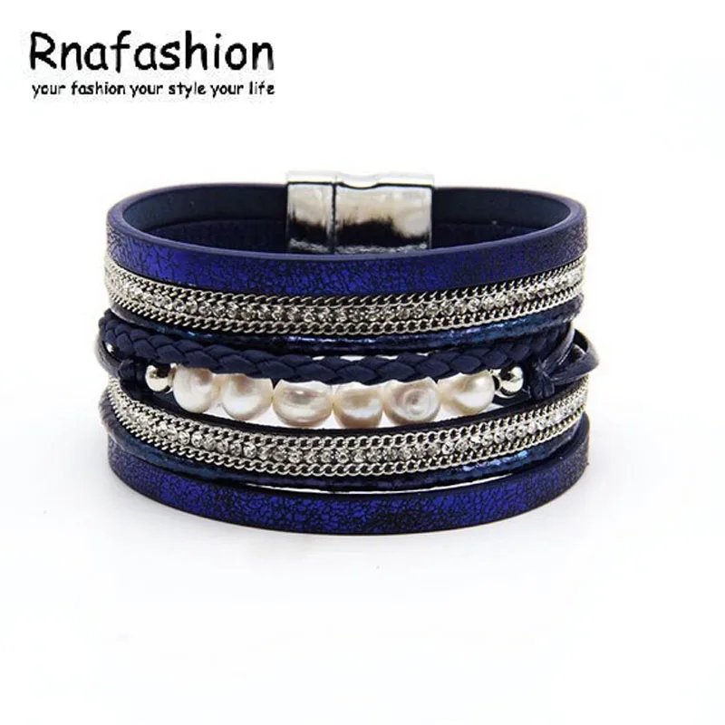 

RNAFASHION Fashion Pulseiras Femininas Jewelry Multilayers Simulated Pearl Stone Leather Wrap Bracelet for Women