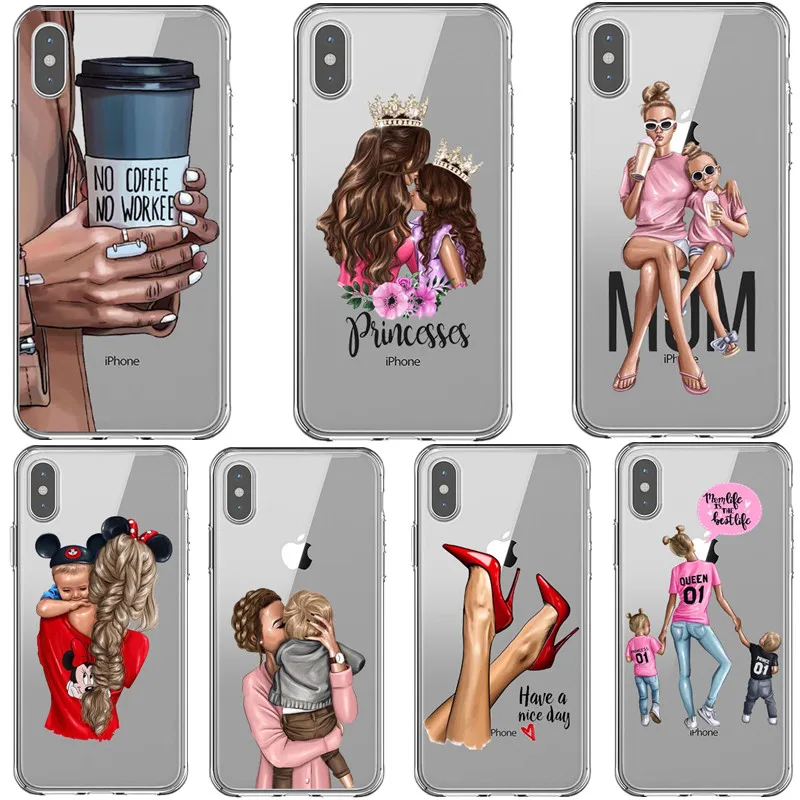 

VOGUE No coffee No workee Black Brown Hair Baby Girl Queen Soft TPU Cover Cases For iPhone X 5 5S SE 6 6SPlus 7 8 Plus XS MAX XR