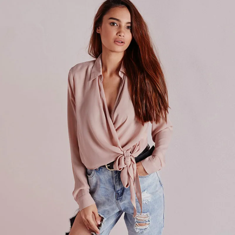 2019 Spring and Summer Tie Bow Blouse Coat Female V-neck Sexy Long-sleeved Solid Color Wild Loose |