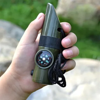 

50pcs/lot New EDC 7 in 1 Field Survival Whistle Compass Thermometer Flashlight Magnifier Survival Reflectance Signal Mirror