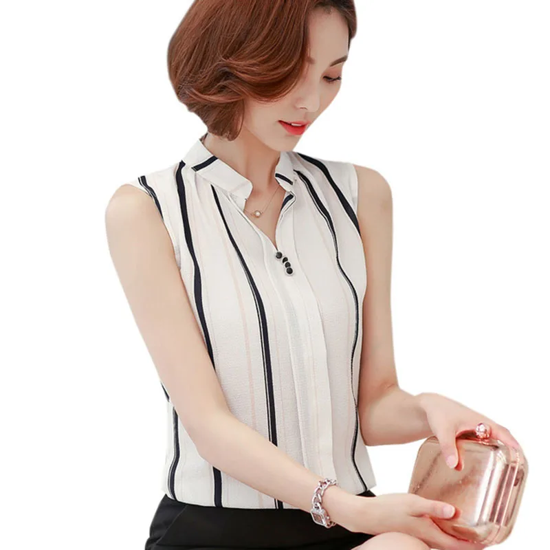 

Women Summer Style Chiffon Blouses Shirts Office Work Wear Sleeveless Striped Flower Twill Printed V-Neck Blusas Tops DF1273
