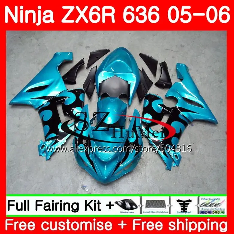 

Body For KAWASAKI NINJA 600CC ZX 6R 05-06 ZX-636 ZX636 TOP Cyan black 9SH3 ZX6R 05 06 ZX600 ZX 636 ZX-6R 2005 2006 Fairings kit