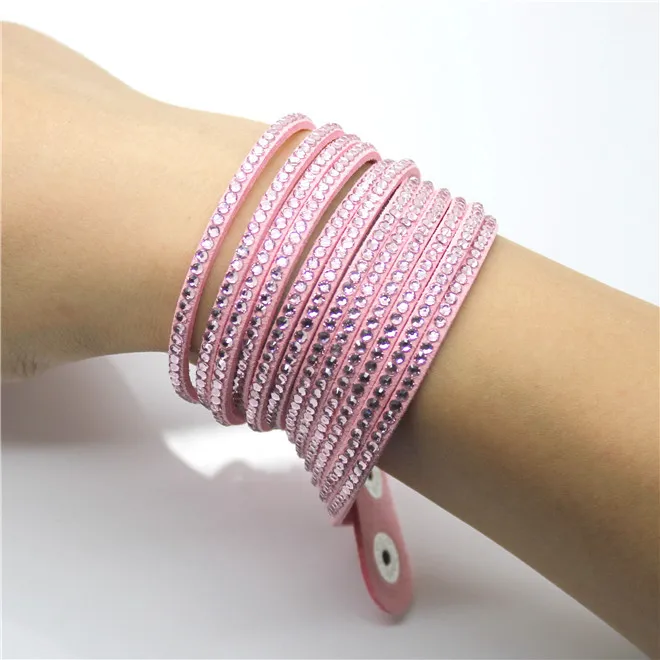Мода 6 Слои Обёрточная бумага Браслеты Slake Кожаные браслеты с кристаллами, ювелирное изделие для пары Женщины браслет - Окраска металла: Pink