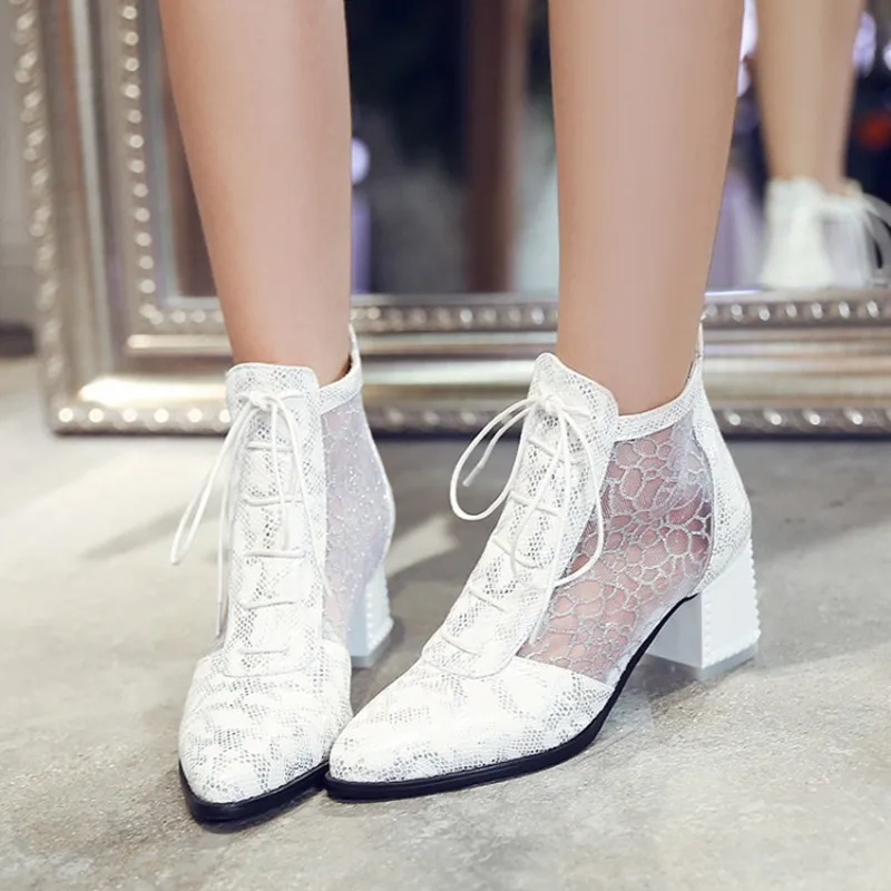 

ASILETO elegant white Summer boots Pointed toe Thick heels Mesh Cut out lace up Shoes woman Casual cross tied bottes footwear