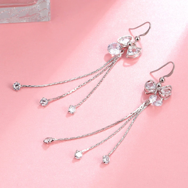 

Hesiod Wedding Crystal Dangle Drop Earrings Bowknot CZ Tassel Earrings for Women