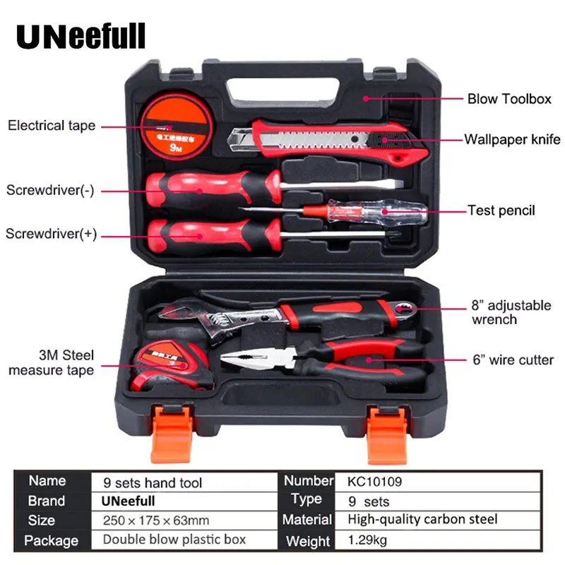 

UNeefull 9 Pieces General Household Home Repair Hand Tool Set with Woodworking&electrician Pliers Wrench,Screwdriver,Knife So on