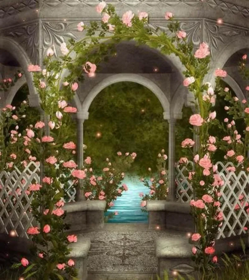 3d الوردي زهرة يترك قوس العمود سياج الحديقة الخلفيات الفينيل القماش عالية الجودة الكمبيوتر الطباعة جدار خلفية