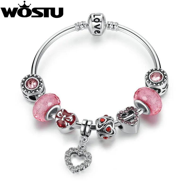 

2019 New Fashion Silver Radiant Heart Pink Charm Bangles DIY Beads Fit Original Bracelet European Jewelry Gift XCH3083