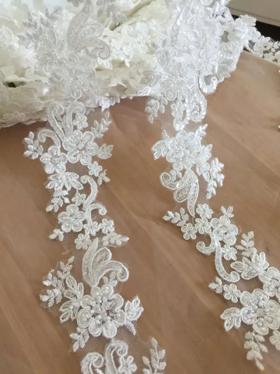 

Women tulle mesh lace dress decorative lace border nice! Delicate 5CM narrow lace trim beaded lace trimming ivory color!