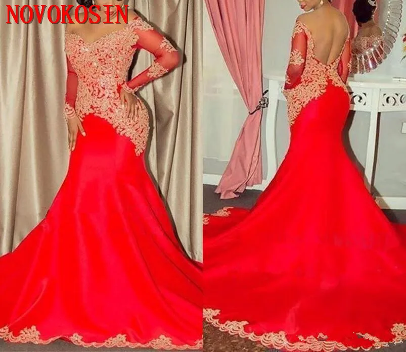 

2019 Arabic Long Sleeves Lace Formal Party Prom Dresses Off The Shoulder Red Satin Gold Appliqued Mermaid Evening Dresses