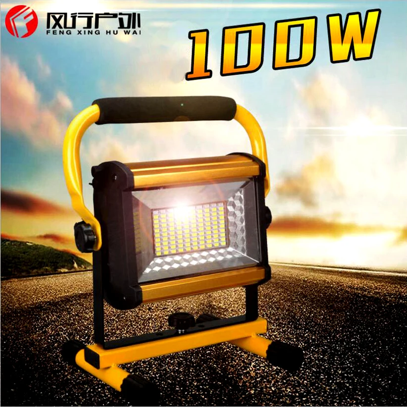 

Led flood lights 100W Waterproof IP65 rechargeable portable Spotlight with 6x18650 Batteries