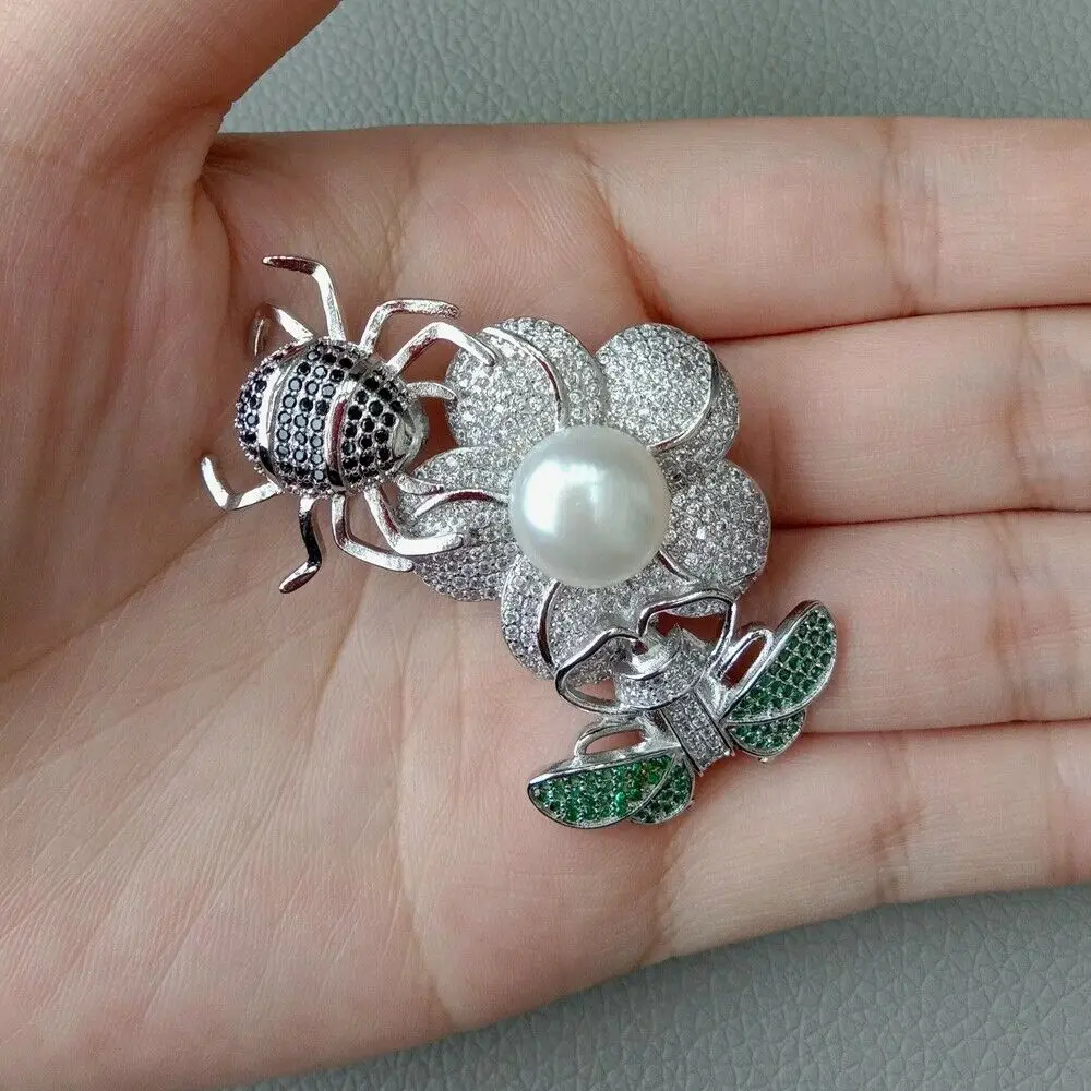 

White Pearl Cz Pave Insect Ladybug Brooch