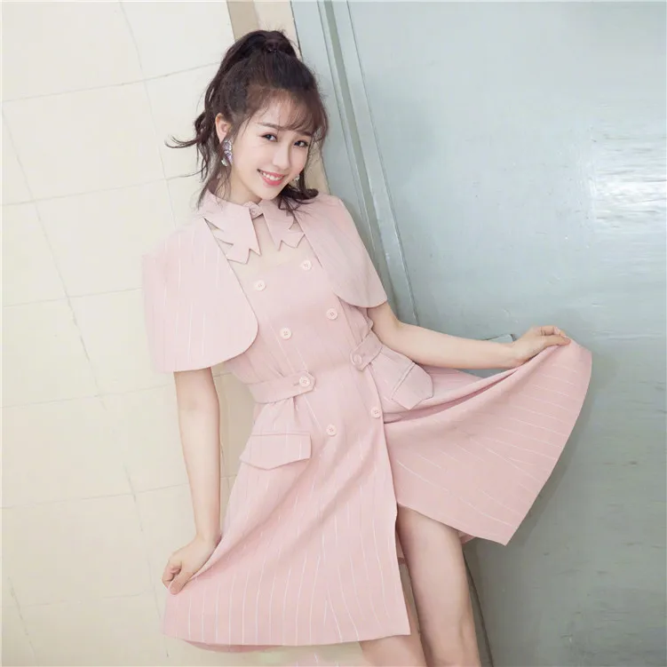 

Pink Stripe Two Double Breasted Small Capes 2019 Batwing Sleeve Knee-Length Button Sleeveless Striped A-Line Dresses Women