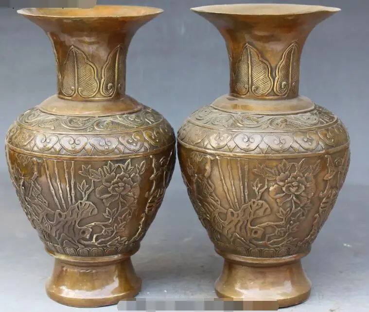

S2526 10" Marked Chinese Bronze Carving Flower Vase Bottle Pot Jar Pair Sculpture