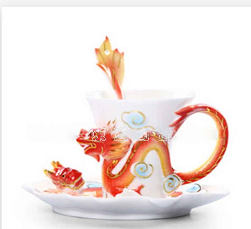 Эмаль Фарфор Дракон и Феникс керамические чашки кофе и блюдце Творческий чашки подарочный набор свадебный подарок - Цвет: B