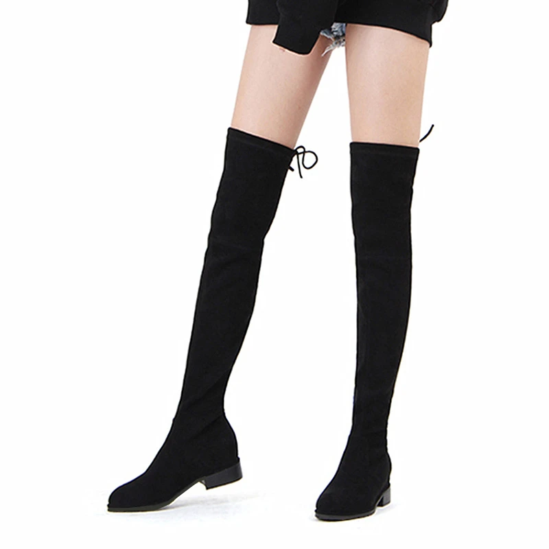 Women Winter Boots Stretch Slim Over Knee Boots With Plush Black Thigh High Shoes Woman Round Toe Winter Black