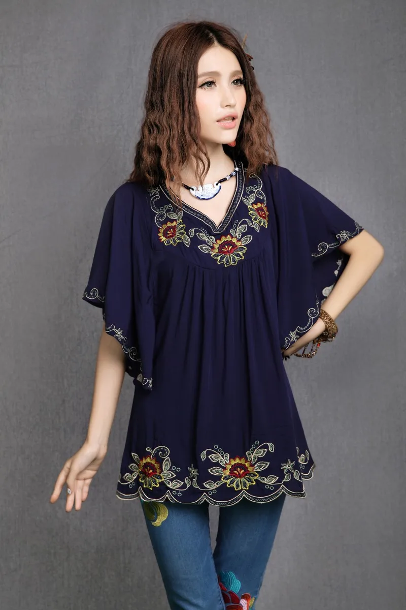  2020 Hot Sale vintage 70s mexican Ethnic Floral EMBROIDERED BOHO Hippie blouses / shirt Women Cloth