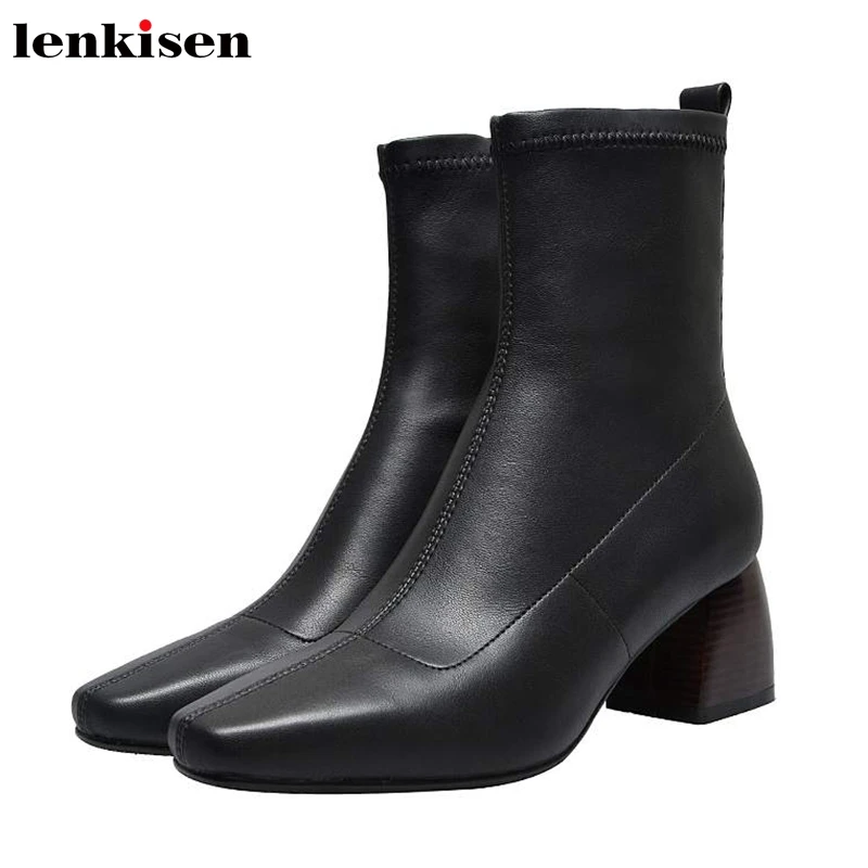 

Lenkisen stretch fabric flock streetwear high heels square toe fashion mature concise office winter keep warm ankle boots L59