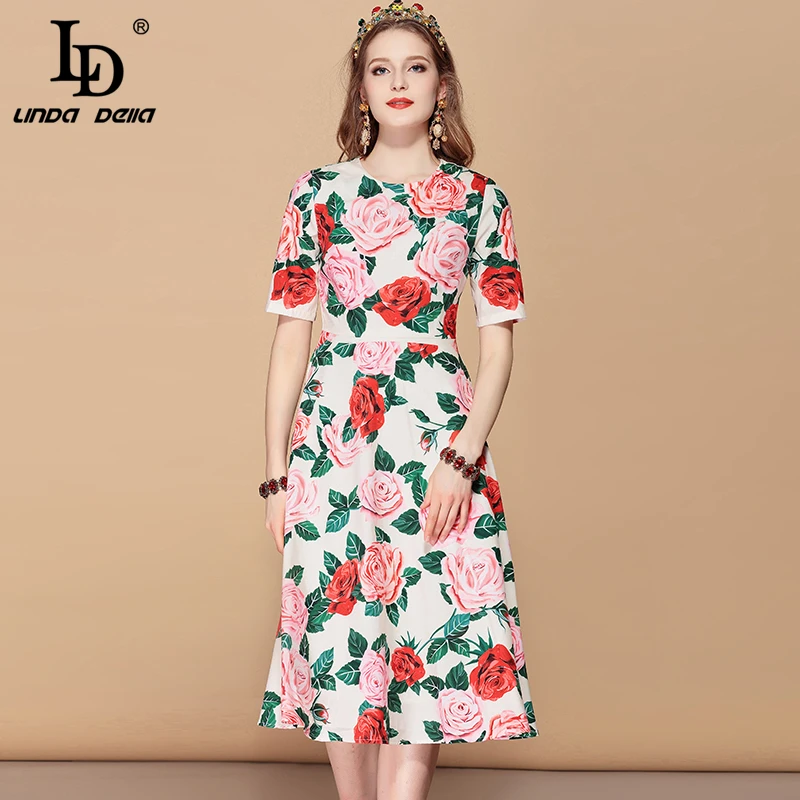 

LD LINDA DELLA 2019 Fashion Runway Summer Dress Women's short sleeve Floral Print Zippers Patchwork casual A Line Midi Dress