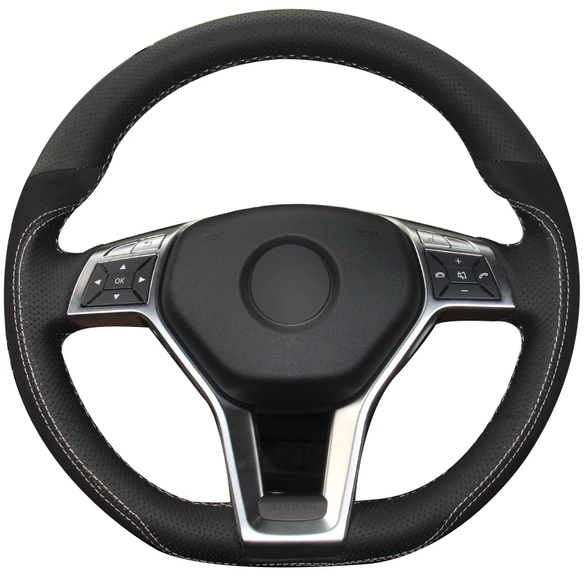 Black Natural Leather Black Suede Steering Wheel Cover for Mercedes Benz A Class 2013 2015 CLA
