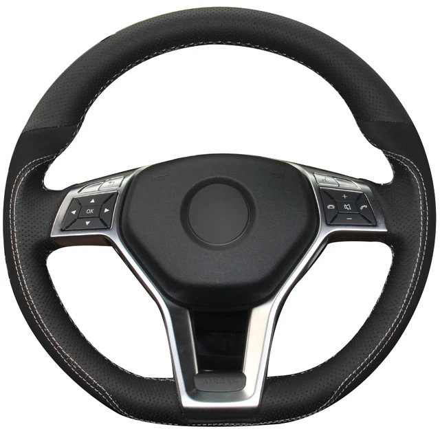Black Natural Leather Black Suede Steering Wheel Cover for Mercedes