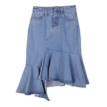 Синие джинсовые джинсы «Русалочка» длиной до колен, завышенная уличная Асимметричная юбка S0066