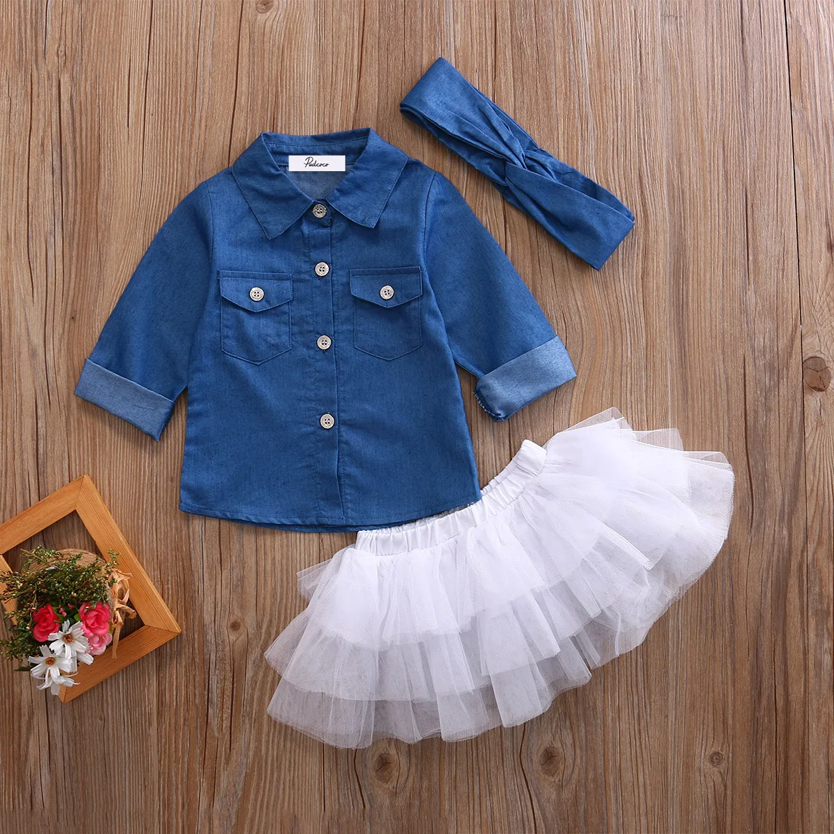 Kids font b Baby b font Girls Denim Tops T shirt White Tutu Skirts Headband 3pcs