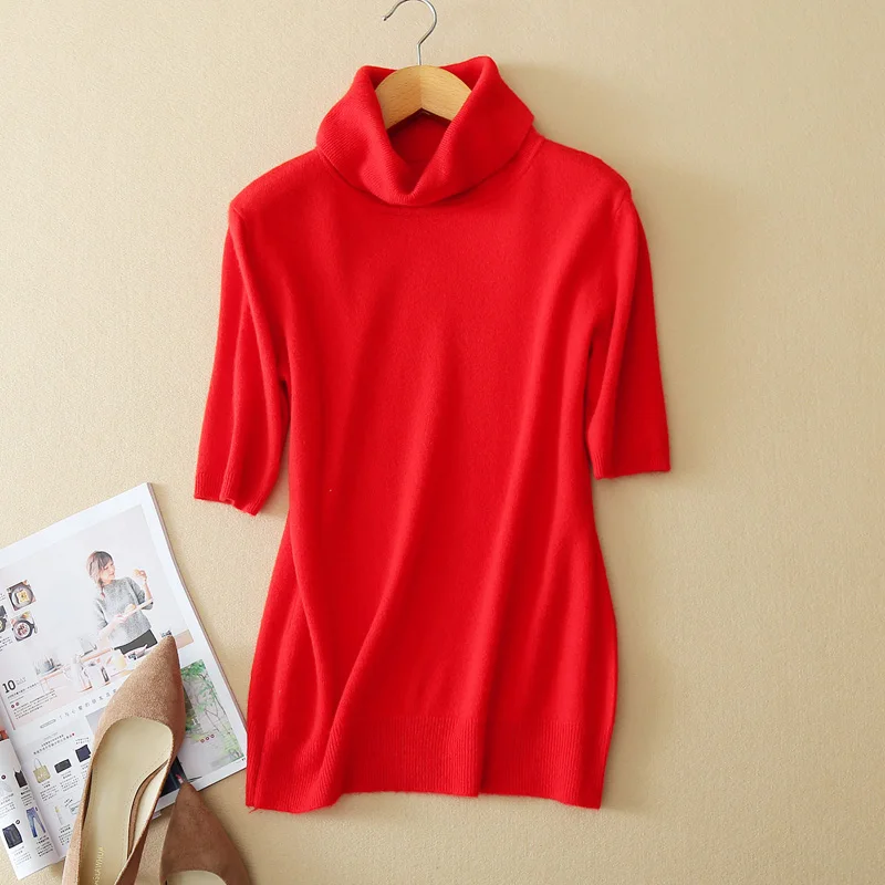 Summer and autumn new ladies cashmere sweater turtleneck sweater short-sleeved solid color simple large size loose comfort Summer and autumn new ladies cashmere sweater turtleneck sweater short-sleeved solid color simple large size loose comfort