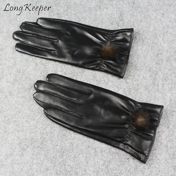 

LongKeeper Genuine Leather Gloves Women Full Fingers Mittens Autumn Winter guantes velvet Ladies Anti-lip Hair Ball Warm Fashion
