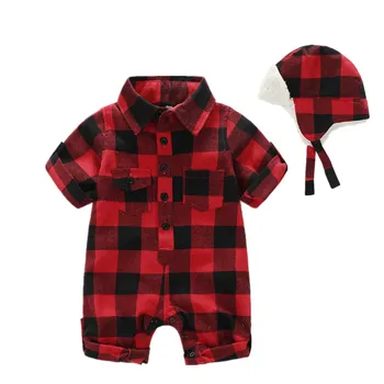 

2016 new style short sleeve plaid kids rompers + Plus velvet hat free classic baby newborn clothes