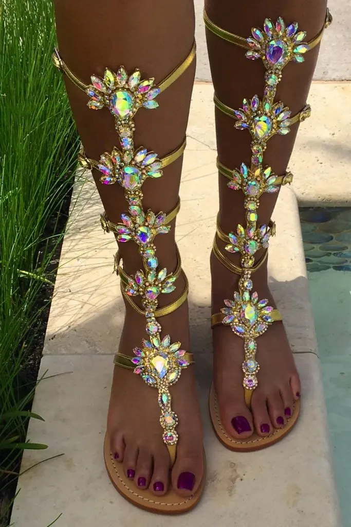 Sandalen Plus Flache Schuhe Schöne Kristall Feminina Frauen Golden Sommer Gladiator Gold blue Sandalia Größe Strass vqqBxw4E
