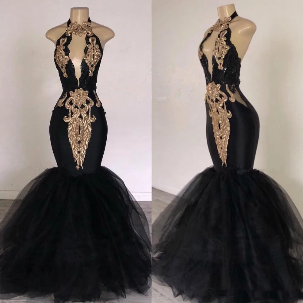 2019 Black Prom Dresses Long Gowns With Gold Applique Mermaid Halter