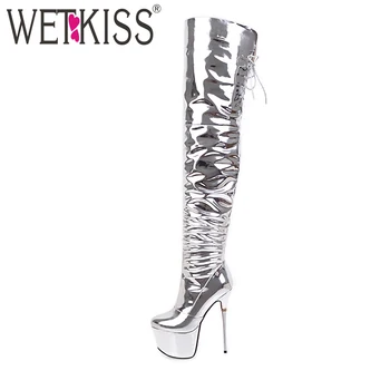 

WETKISS 2018 Fashion Ladies Over the Knee Boots Patent Silver Thick Platform Thigh High Heels Stiletto Footwear Winter Shoes