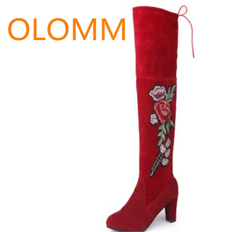 

Big size new 2019 autumn and winter Europe America thick-heeled embroidered knee boots long-bodied