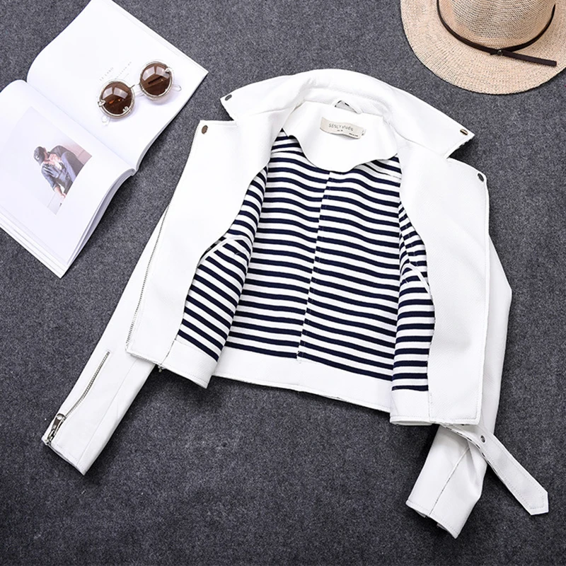 White Leather Jacket 2017 Autumn Winter Women Street Fashion Zipper Pockets Slim Short PU Faux Basic Coat Outwear Chaqueta Mujer